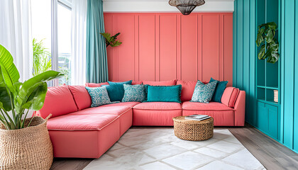Modern interior room illustration. Pink sectional sofa with turquoise pillows, green plants against magenta and turquoise walls. Bright sunlight from window. Cozy rug on floor