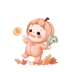 Child in pumpkin costume joyfully playing with money and a coin among autumn leaves in a cheerful setting