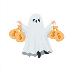 Cute ghost carrying bags of money in a playful Halloween-themed illustration