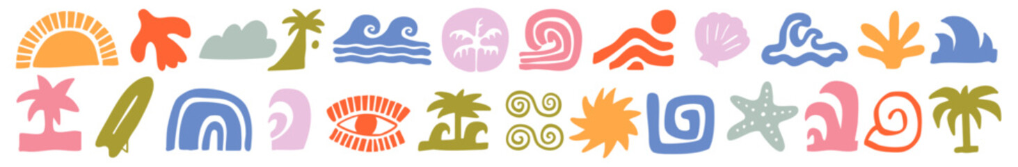 Colorful vector set of abstract summer doodles, organic shapes and forms. Hand drawn Matisse ocean collection. Modern elements in trendy minimalist style for social media banners