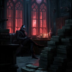 Mysterious figure seated in a dimly lit room surrounded by glowing candles and stacks of books