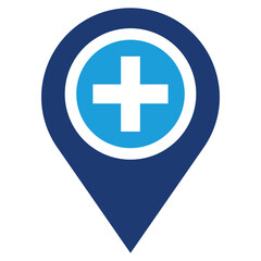A blue map marker icon featuring a white cross inside a blue circle. 