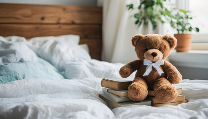 Cute brown teddy bear sitting atop stacked books on bed. Bedroom interior with soft blankets, pillow. Concept of comfort, reading, education