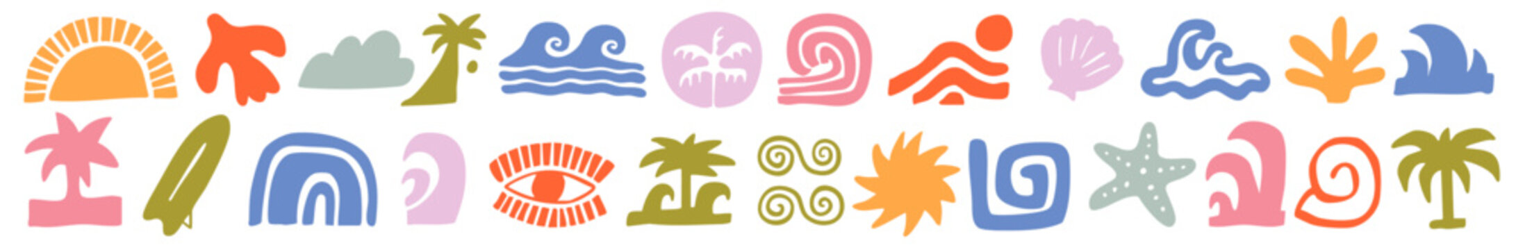 Colorful vector set of abstract summer doodles, organic shapes and forms. Hand drawn Matisse ocean collection. Modern elements in trendy minimalist style for social media banners