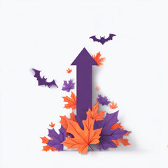 Festive autumn display with colorful leaves and paper bats for Halloween celebration in minimalistic style