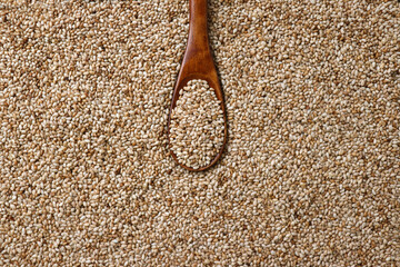 Roasted sesame seeds. Sesame seeds on a wooden spoon and the entire background. View from above.