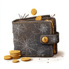 Wallet filled with coins and webs showcasing neglect and financial issues