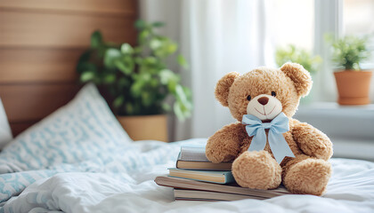Cute brown teddy bear sitting atop stacked books on bed. Bedroom interior with soft blankets, pillow. Concept of comfort, reading, education