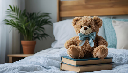 Cute brown teddy bear sitting atop stacked books on bed. Bedroom interior with soft blankets, pillow. Concept of comfort, reading, education
