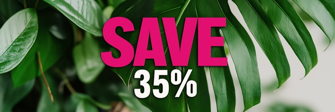 Green tropical leaves with bold pink text "SAVE 35%" promoting a discount or sale offer. - Powered by Adobe