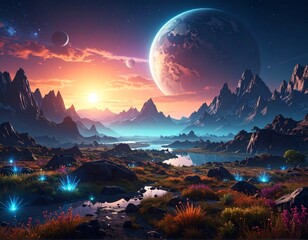 Fototapeta premium An alien landscape with a large planet, a smaller moon, and mountains under a sunset sky, featuring glowing blue alien plants.