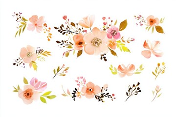 Obraz premium Watercolor peach and pink floral elements collection for design