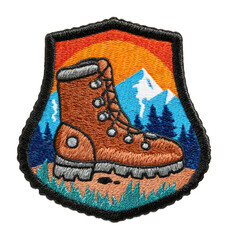 Outdoor adventure patch featuring hiking boot mountain landscape embroidered vibrant colors. Patch concept png