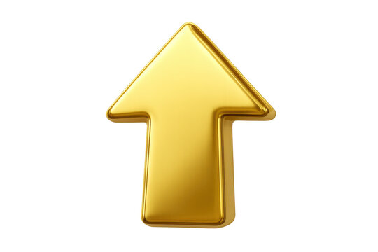 Shiny metallic gold arrow pointing up, symbolizing growth, progress, and upward trends, isolated on a transparent background
