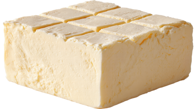 Soft block of butter isolated on transparent background with smooth texture and creamy color