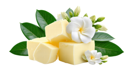Butter cubes isolated on transparent background with green leaves and white flowers
