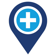A blue map marker icon featuring a white cross inside a blue circle. 