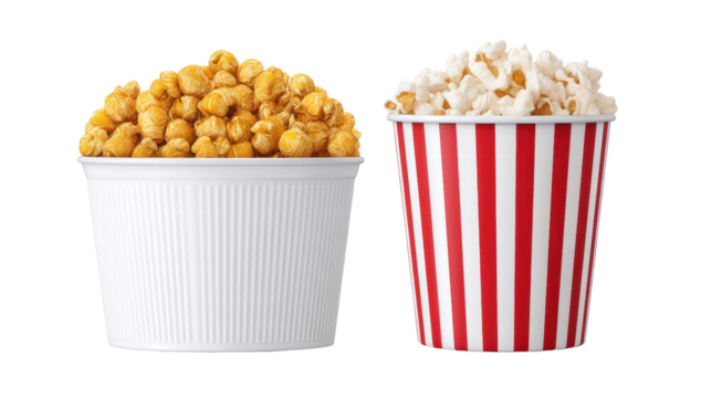 Popcorn and caramel popcorn in isolated containers on transparent background for snack