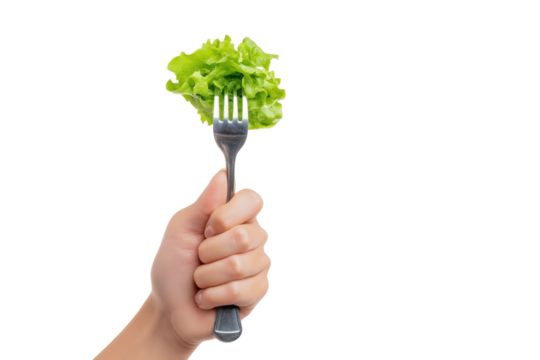 Lettuce Bite: A close-up shot of fresh lettuce on a fork held by a hand, a perfect symbol for healthy eating and culinary delights.