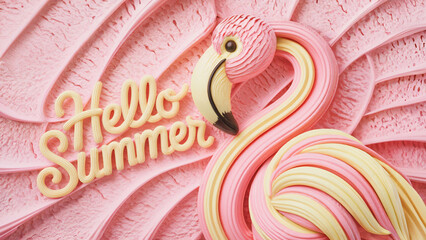 Hello Summer greeting text and flamingo made of ice cream or gelato. Pastel pink and yellow colors. 