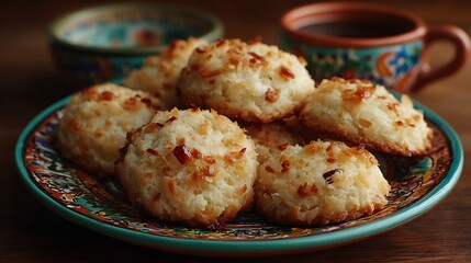 Fototapeta premium Coconut cookies sit on bright, patterned plate.