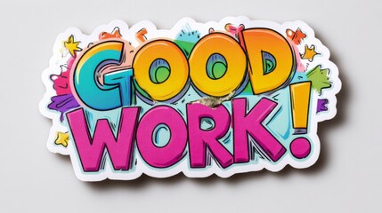 Good work is a sticker that says "Good work!" in colorful letters. It is a fun and positive way to celebrate accomplishments and encourage others to keep up the good work
