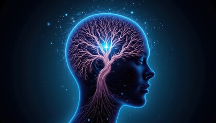 Obraz premium Surreal woman's portrait, a tree of thoughts blooming within her mind