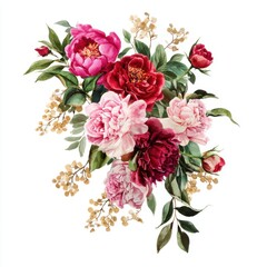 Watercolor painting of a lush bouquet of pink and red peonies with greenery