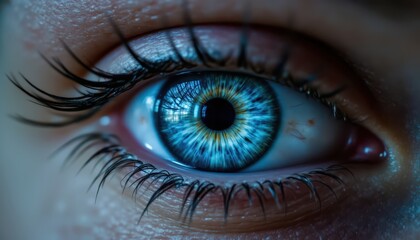 Fototapeta premium Mesmerizing closeup, exploring the intricate beauty of a blue human eye closeup