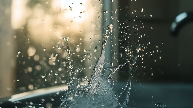 Shower head with water drops flowing in modern bathroom. Shower head closeup.
