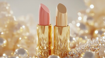 Two golden lipsticks, one pink and one beige, surrounded by pearls and glitter