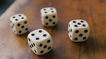 Close-up of Four White Dice on Wooden Table