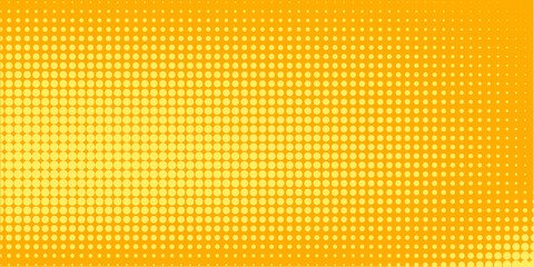 Yellow orange halftone pattern. Retro comic gradient background. Square pixilated dot cartoon texture. Pop art faded gradient pattern. Vector backdrop.