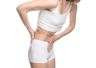Woman suffering from anorexia on white background, closeup