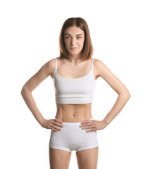 Fototapeta premium Woman suffering from anorexia on white background