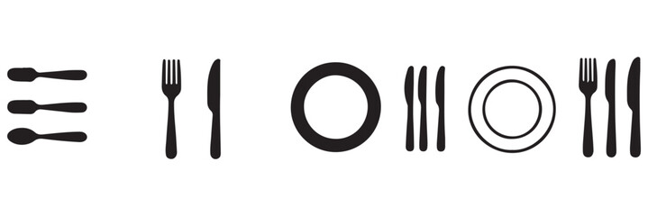Fork, knife, plate and spoon. Menu symbol. Restaurant icon. Food, plate, fork, knife, spoon, cutlery icon set. Vector