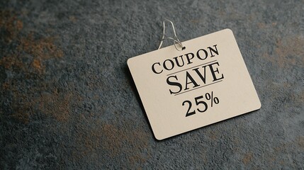 A beige coupon tag offering a 25% discount lies on a textured dark surface.