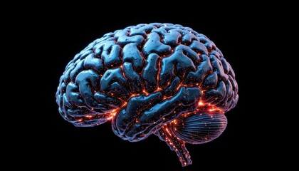 Illuminated brain, blue and red neural network activity symbolizing complex thought processes