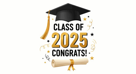 This vector-friendly image features a black graduation cap with a gold tassel, "CLASS OF 2025" text, "CONGRATS!", a rolled diploma, and scattered stars/swirls, all on white.
