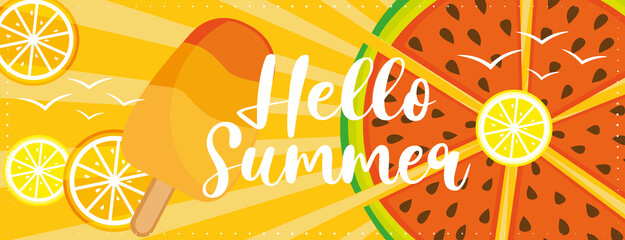 Colorful hello summer vacation banner with fruits and ice cream. Hand drawn illustration.
