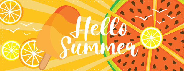 Colorful hello summer vacation banner with fruits and ice cream. Hand drawn vector illustration.