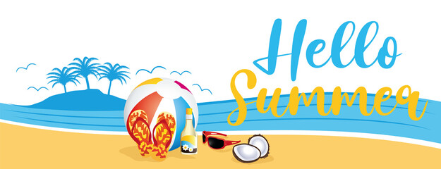 Colorful hello summer banner. Beach theme. Hand drawn illustration.