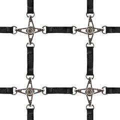 Isolated seamless 4k texture of black leather strap harness mesh with metal holders.