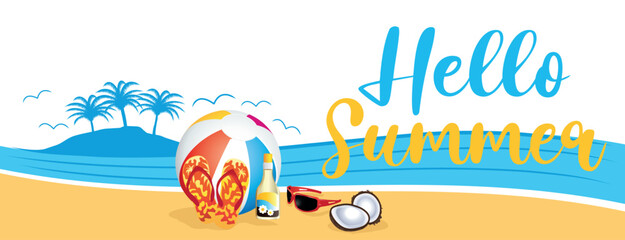 Colorful hello summer banner. Beach theme. Vector hand drawn illustration.