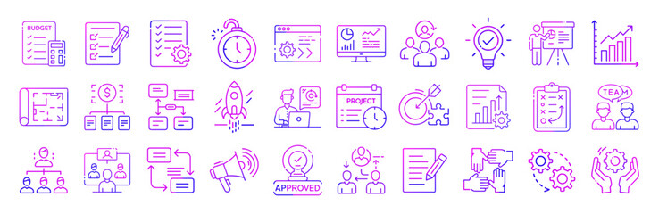 Project management business strategy planning development vector line icons
