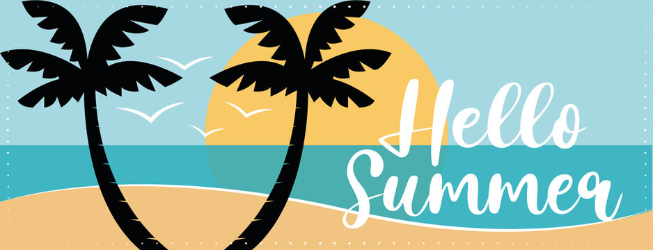 Colorful hello summer vacation banner with palm trees on the beach. Hand drawn illustration.