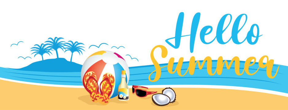 Colorful hello summer banner. Beach theme. Vector hand drawn illustration.
