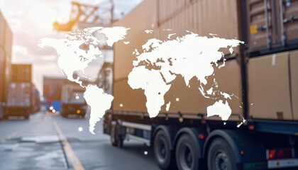 A world map overlay on a logistics scene featuring trucks and shipping containers, highlighting global transportation and supply chain networks.