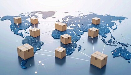 A global map showing interconnected cardboard boxes symbolizing worldwide shipping, logistics, and supply chain networks.