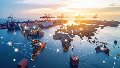 A global trade concept showing a digital world map overlaying a busy shipping port with containers and cranes at sunset.